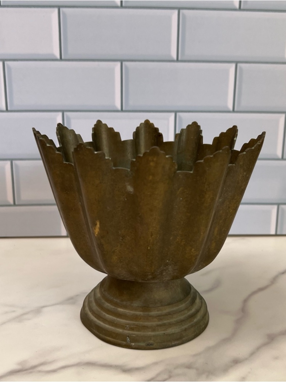 Vintage Brass Pedestal Bowl Scalloped Crown Edge Aged Patina MCM Planter